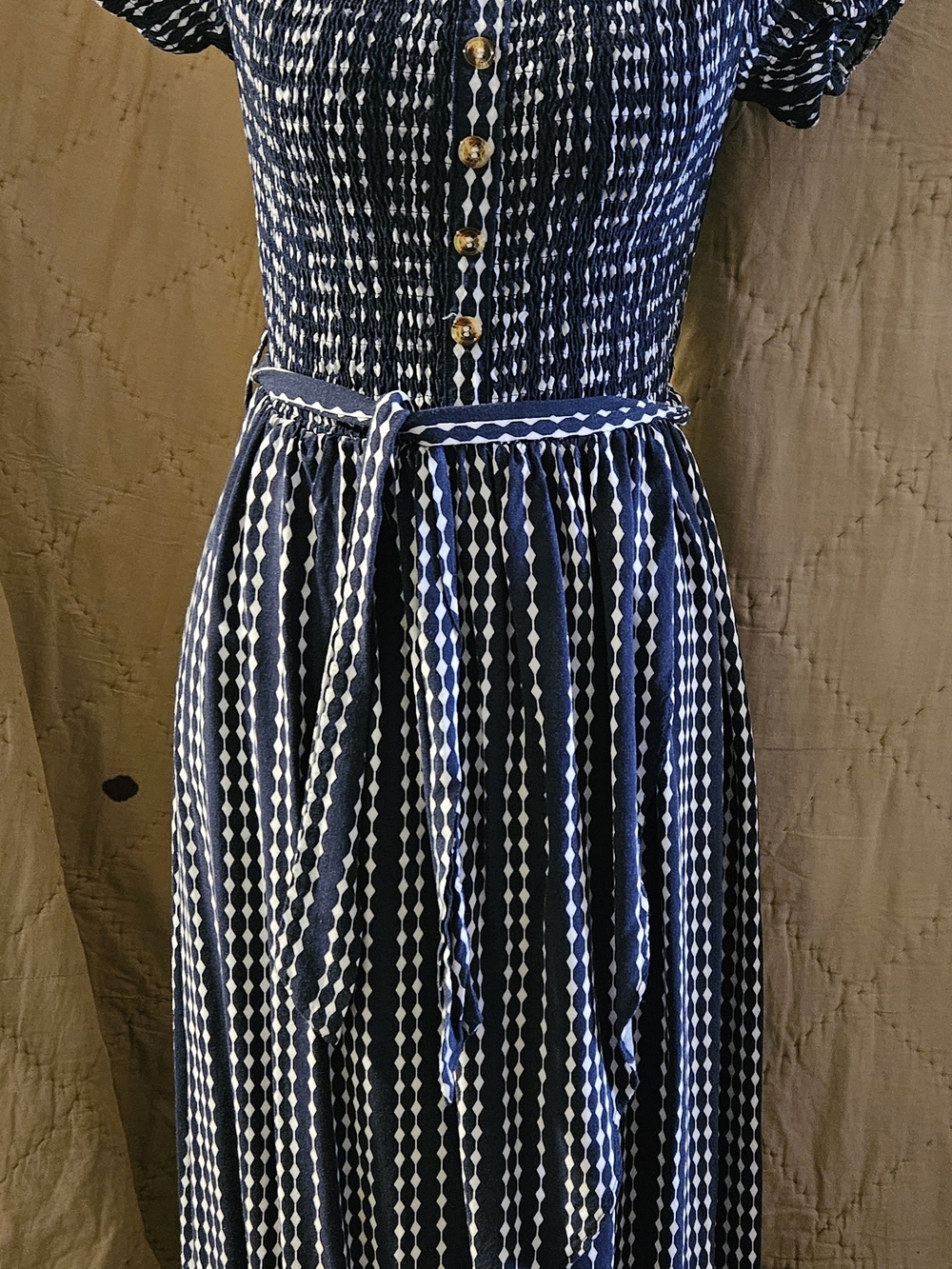 Justify XL Blue White Smocked Midi Dress Off Shoulder High Low Belted Rayon